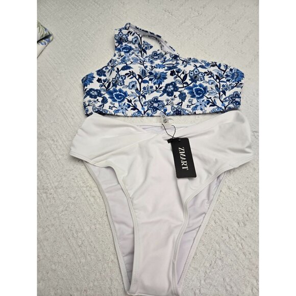Floral Blue One-Shoulder Top & White Bikini bottom Set Size Large - Picture 1 of 4